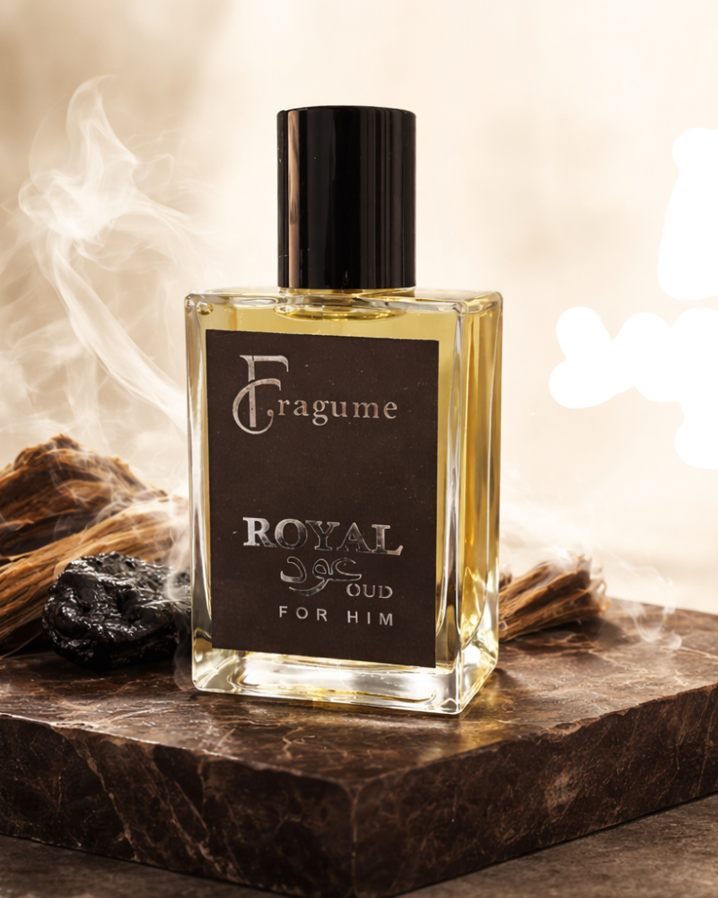Perfume bottle labeled 'Royal Oud for Him' by Fragume on a dark surface with smoke effect.