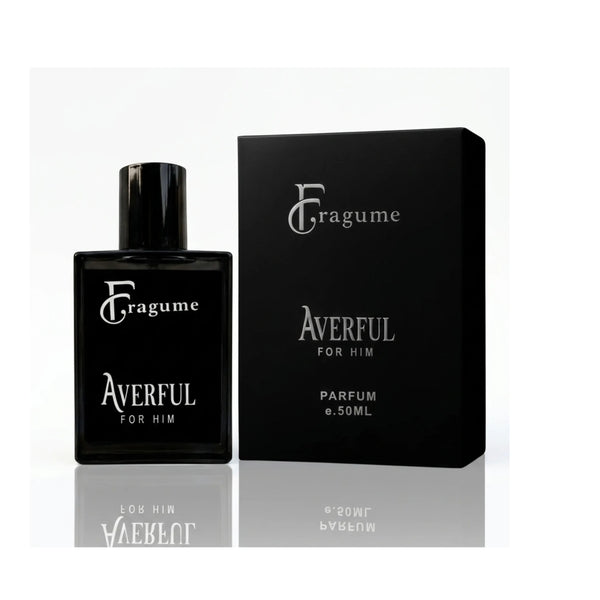fragume Averful Parfum for men in a sleek black glass bottle with matching minimalist box packaging.