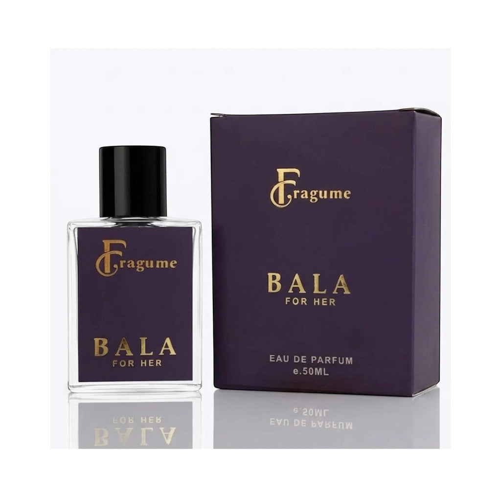 Fragume Bala Eau De Parfum for her in a 50ml glass bottle with a matching deep purple box and gold lettering.