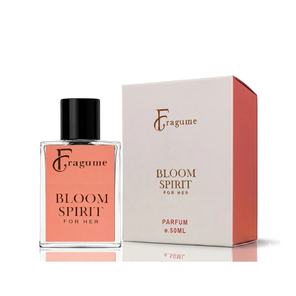 fragume Bloom Spirit Eau De Parfum in a 50ml glass bottle with a coral label and matching white and coral box.