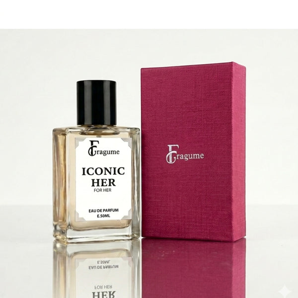 Fragume Iconic Her Eau De Parfum 50ml glass bottle with a textured magenta gift box on a reflective surface.