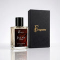 Fragume Jazan Eau De Parfum for men in a 50ml glass bottle with a minimalist black box on a white background.