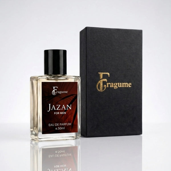 Fragume Jazan Eau De Parfum for men in a 50ml glass bottle with a minimalist black box on a white background.