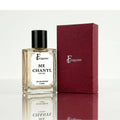 Fragume Me Chanyl 50ml eau de parfum in a minimalist glass bottle next to a textured burgundy gift box