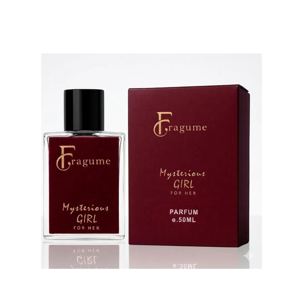 Fragume Mysterious Girl Parfum 50ml glass bottle and burgundy box with elegant gold lettering on a white background.