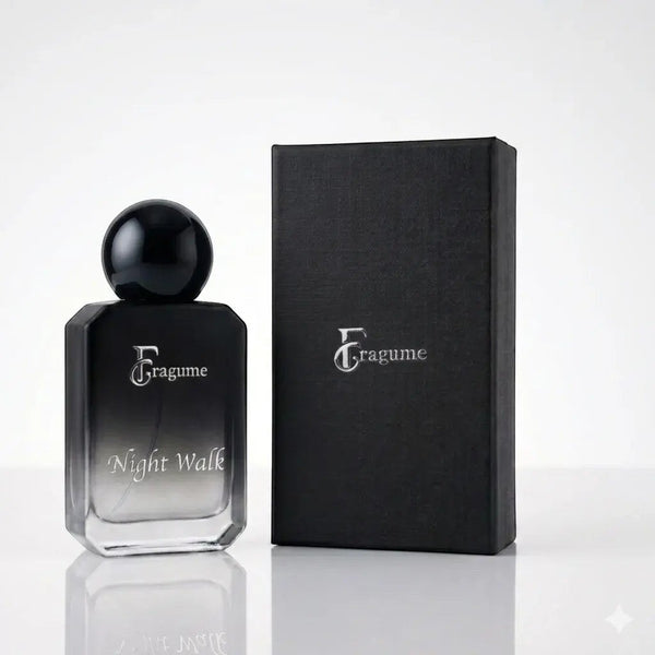 fragume Night Walk Eau De Parfum in a sleek black gradient glass bottle with matching black presentation box