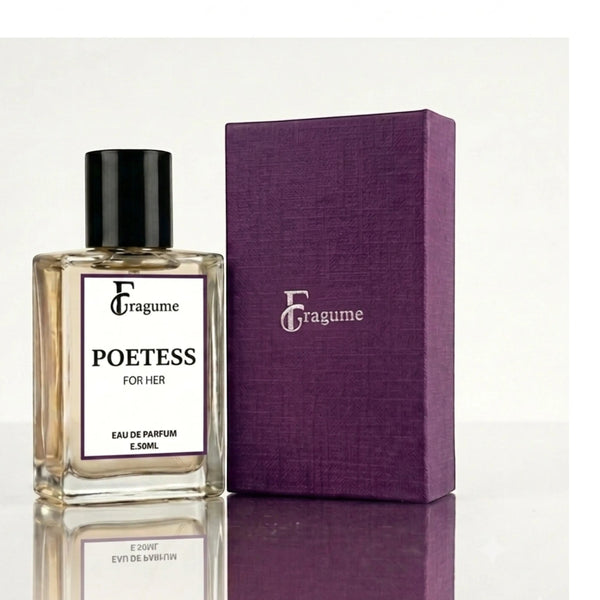 fragume Poetess Eau De Parfum in a glass bottle next to a textured purple gift box on a reflective surface