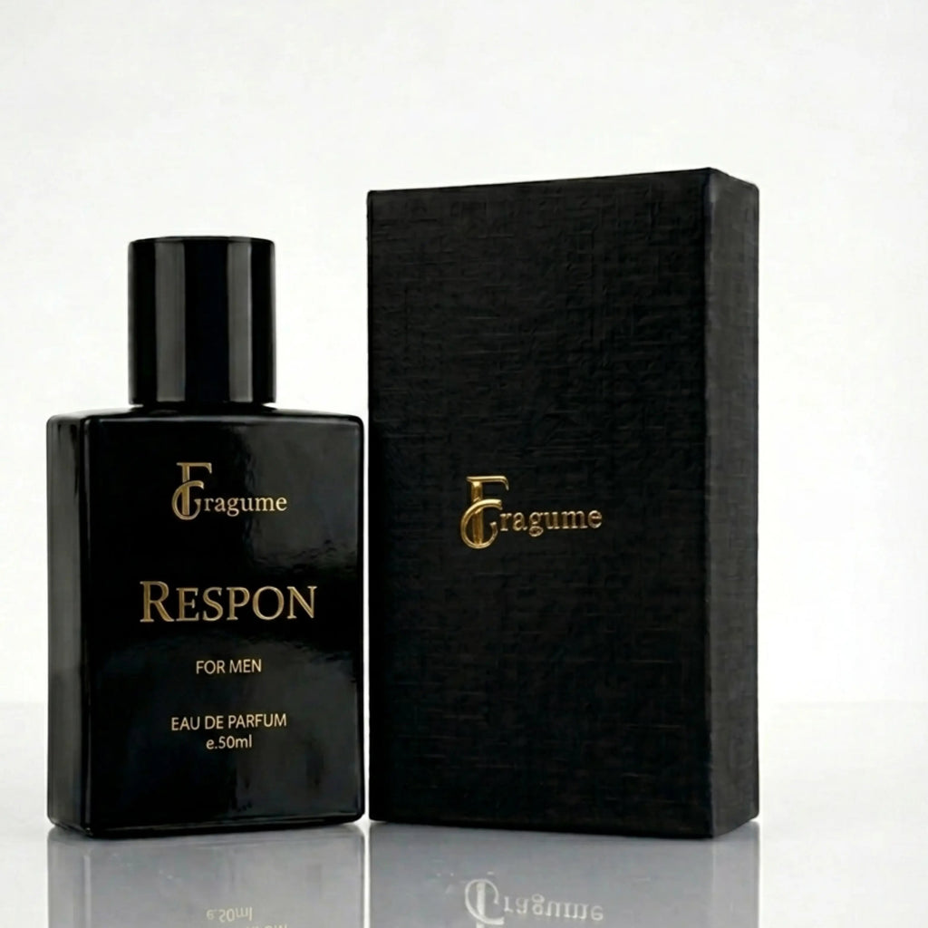 fragume Respon Eau De Parfum for men in a sleek black glass bottle with gold lettering next to a textured black box