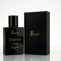 fragume Respon Eau De Parfum for men in a sleek black glass bottle with gold lettering next to a textured black box