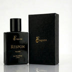 fragume Respon Eau De Parfum for men in a sleek black glass bottle with gold lettering next to a textured black box