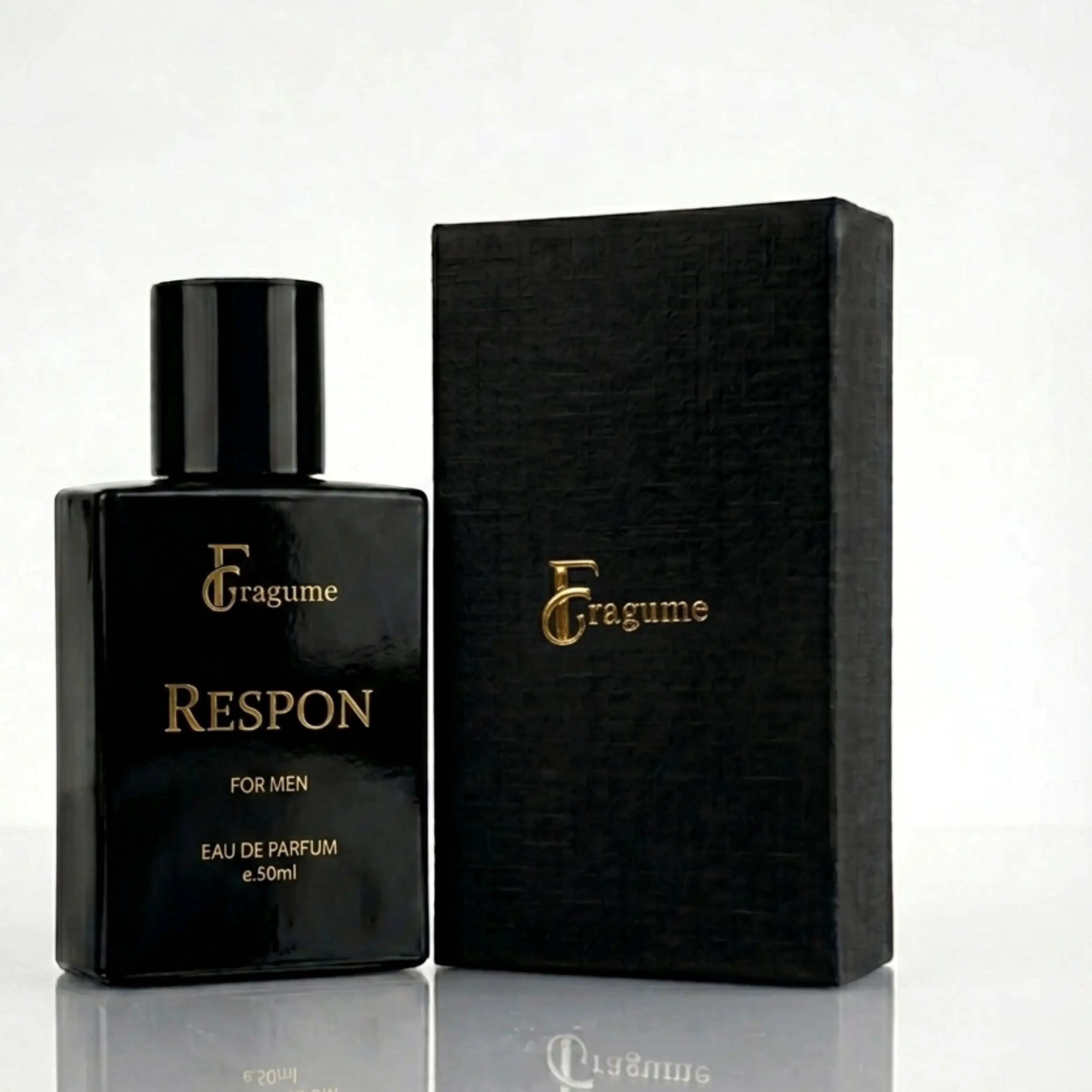fragume Respon Eau De Parfum for men in a sleek black glass bottle with gold lettering next to a textured black box