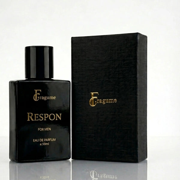 fragume Respon Eau De Parfum for men in a sleek black glass bottle with gold lettering next to a textured black box