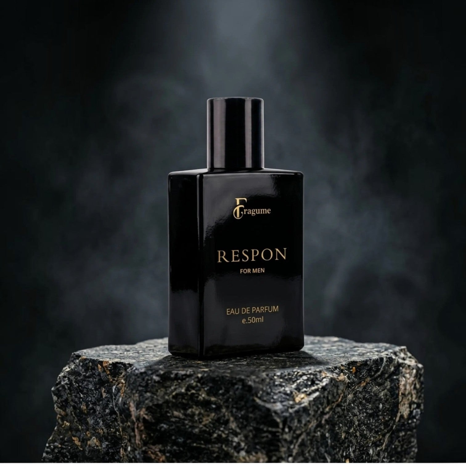 fragume Respon Eau De Parfum for men in a sleek black glass bottle with gold lettering displayed on a dark stone