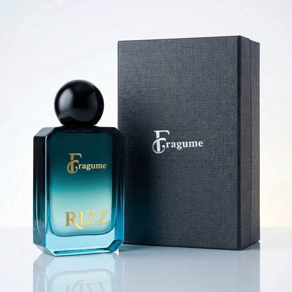 fragume Rizz Eau De Parfum in a gradient blue glass bottle with a black cap next to its premium textured gift box.