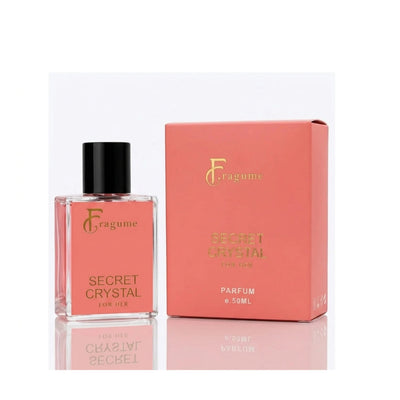 fragume Secret Crystal 50ml perfume bottle and coral pink box, a floral citrus fragrance for women.