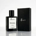 Fragume Sigma Eau De Parfum for men in a minimalist black glass bottle next to its premium textured black gift box.