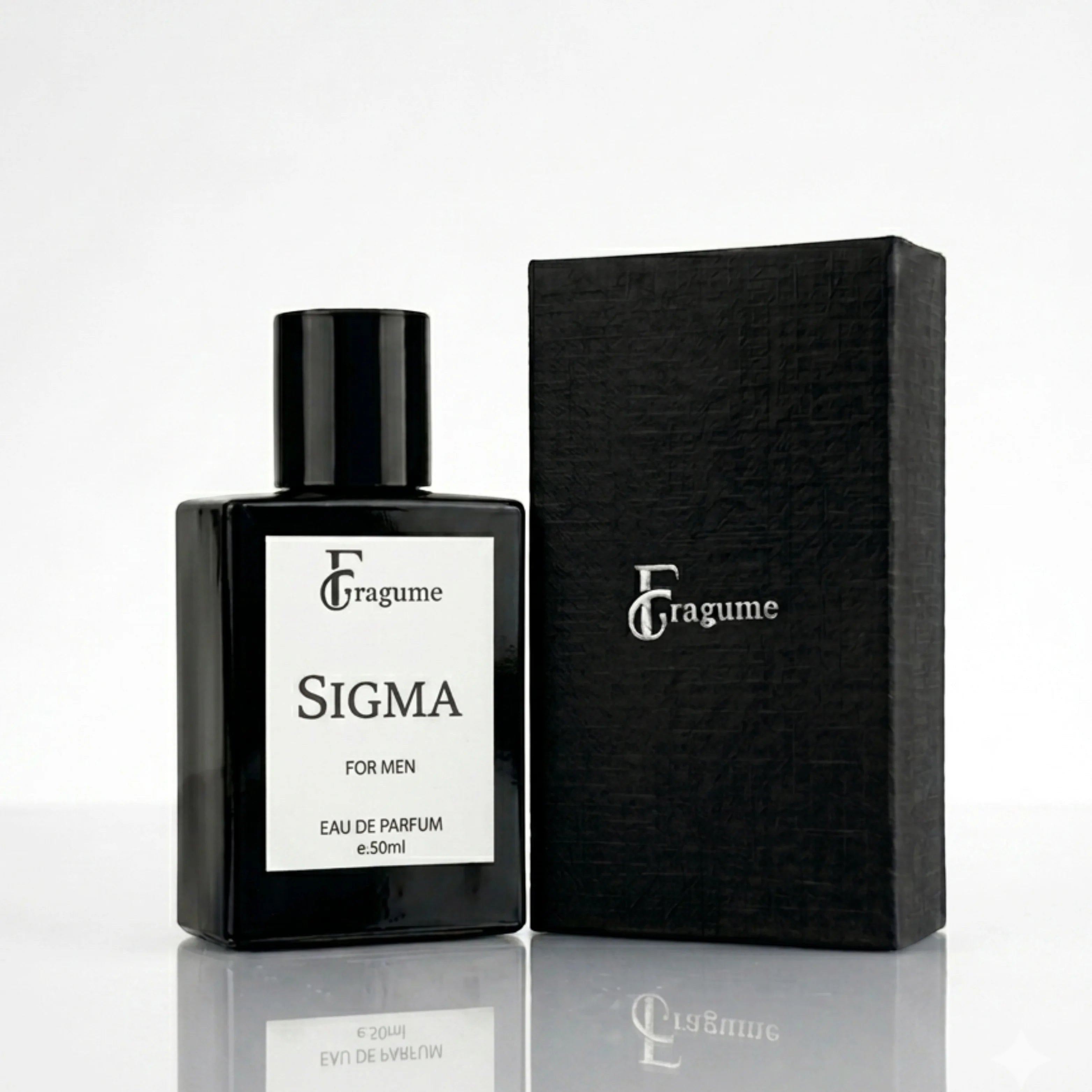 Fragume Sigma Eau De Parfum for men in a minimalist black glass bottle next to its premium textured black gift box.