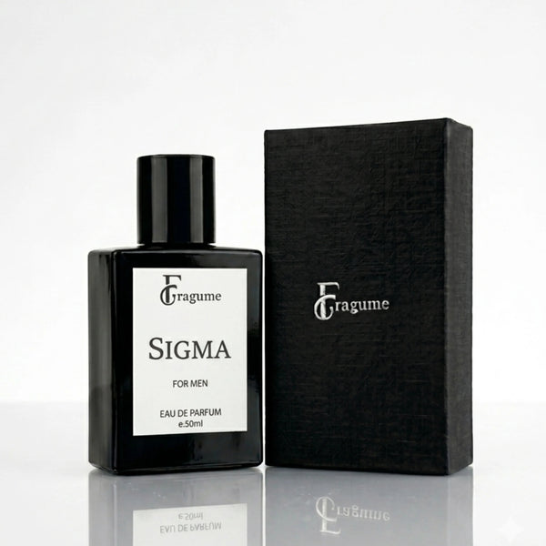 Fragume Sigma Eau De Parfum for men in a minimalist black glass bottle next to its premium textured black gift box.