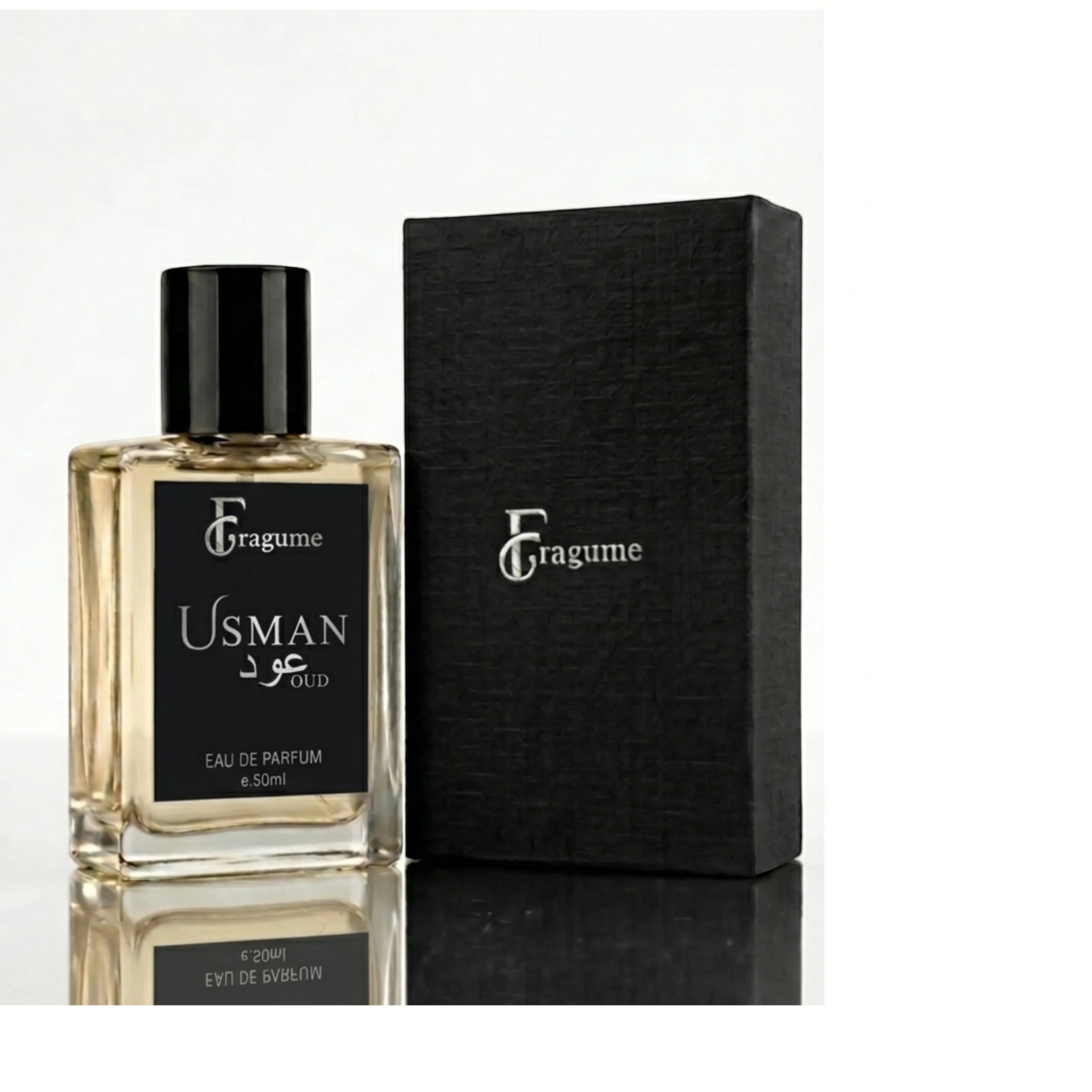 fragume USMAN OUD 50ml eau de parfum bottle with black cap next to its textured black presentation box