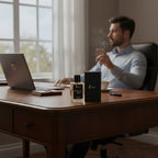 Fragume Usman Oud Eau De Parfum bottle on a wooden desk with a man working in the background