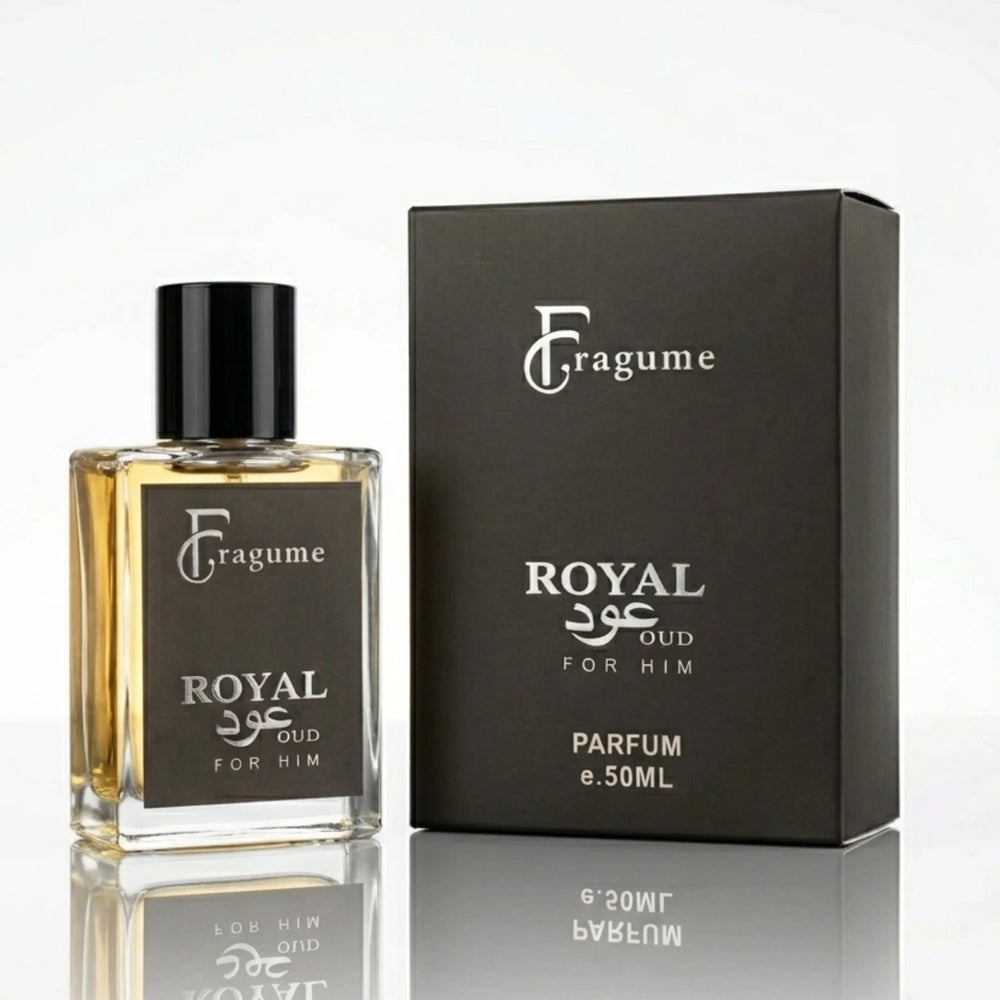 A bottle of Fragume Royal Oud For Him perfume next to its black packaging box, displayed on a reflective white surface.